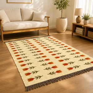 Tapis Kilim Bohème Floral en Laine Tufté à la Main, Écologique, Rectangulaire, pour Salon, Poil Moyen, Dos en Latex, Nettoyage Localisé - Product Image 1