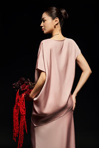 Conjunto de Dos Piezas para Mujer, Verano, Mezcla de Seda, Color Sólido, Asimétrico, Elegante, Corte Diagonal, Cuello Redondo, Manga Corta, Falda Informal y Camisa - Product Image 5