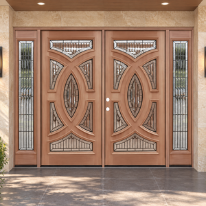 Puertas de Entrada Tradicionales de Madera Maciza con Paneles de Vidrio Teñido, Puerta Exterior Abatible Manual - Product Image 1