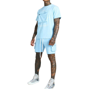 Shorts cargo bleu clair pour homme, taille à cordon, poches, style décontracté, taille mi-haute, longueur Bermuda, respirant, polyester écologique - Product Image 1