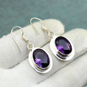 Elegant Amethyst Drop <b>Earrings</b> <b>Silver</b> Plated Oval Purple Gemstone Dangle <b>Earrings</b> Boho Handmade Jewelry for Women - Product Image 1