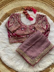 Sari indien traditionnel ethnique magnifique en georgette avec broderies et sequins pour femmes, tenue élégante pour mariage et fêtes. - Product Image 4