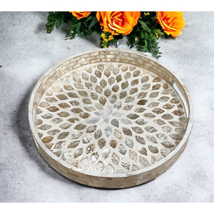 Plateau de service rond en nacre, mosaïque MOP artisanale, plateau décoratif à motif paon, incrustation en résine, avec poignées - Product Image 5