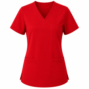 Haut de blouse médicale pour femme, extensible, col en V, manches courtes, avec poche poitrine, uniforme de travail, vente en gros - Product Image 1