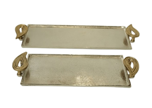 Luxury <b>Silver</b> Metal Serving Tray Set Gold Fan Handle Elegant Oval Aluminum Platter Modern <b>Coffee</b> <b>Table</b> - Product Image 4