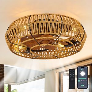 Ventilateur de plafond LED encastré de 19 pouces style bohème avec lumières, lustre à profil bas et télécommande sans pales à 6 vitesses, style cage - Product Image 2