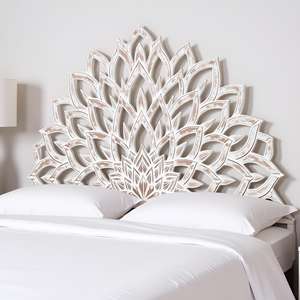 Cabecero de Cama King Size de Madera Tallada a Mano con Diseño de Flor de Loto Blanca en Forma de Media Luna, Madera de Ingeniería para Juegos de Dormitorio - Product Image 1