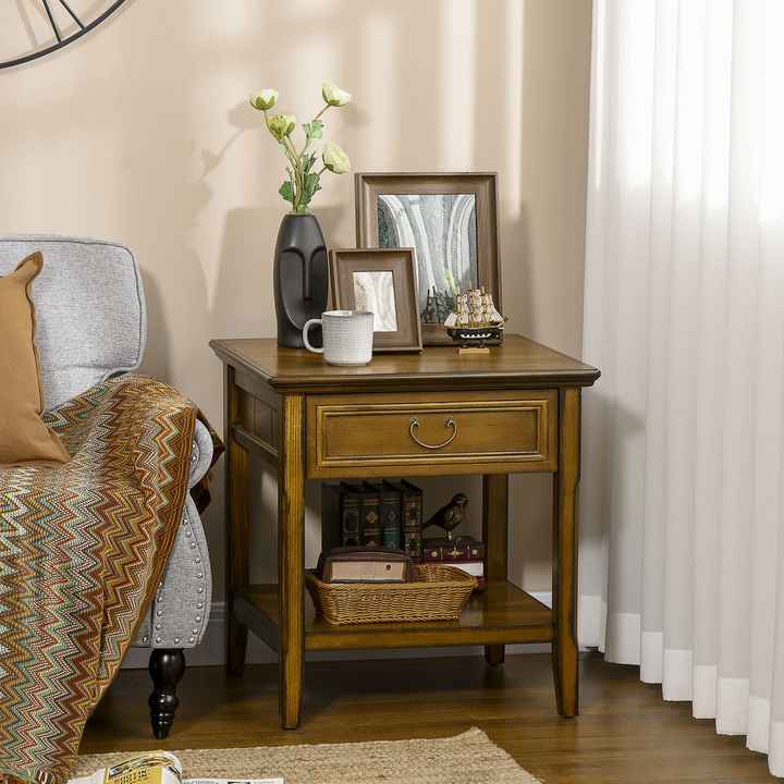 Dark Coffee Retro Side Table with Storage Drawer and Open Shelf End Table for Living Room Bedroom Furniture