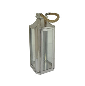 Lanterne à bougie suspendue carrée en fer poli argenté, avec poignée en corde de jute, garniture géométrique perforée et toit en dôme - Product Image 4