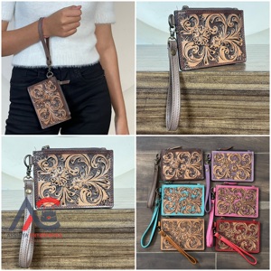 Wholesale Genuine Tooled Leather Floral Design Zipper Wristlet Wallet Stylish Coin & <b>Credit</b> <b>Card</b> <b>Holder</b> Everyday Multi Use - Product Image 1