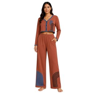 Conjunto de Pijama Corto de Manga Larga para Mujer, Color Marrón Óxido y Azul, Estampado Geométrico, Tejido de Algodón Suave, Pantalones Anchos, Ropa de Dormir OEM - Product Image 1