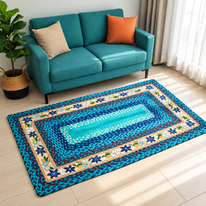 Tapis rectangulaire personnalisable 100 % jute écologique 3x5 pieds bleu turquoise, tissage plat à carreaux, bordure florale - Product Image 5
