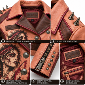 Peach Tan <b>Women</b> Genuine Leather Biker Jacket Custom Surfer Girl Graphic Print Snap Button Double Breasted Spiked <b>Outerwear</b> - Product Image 6