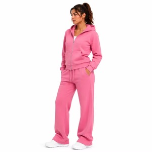 Women's Pink Hooded Tracksuit Set <b>Full</b> <b>Zip</b> <b>Sweatshirt</b> Flare Joggers Solid Color Casual Wear 100 Cotton Autumn Style - Product Image 3