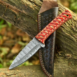 Couteau de plein air à lame fixe en acier Damas, manche droit en résine rouge, outil utilitaire de camping EDC à lame pleine, étui en cuir, ODM OEM - Product Image 1