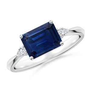Anillo Solitario de Oro Sólido de 14K con Zafiro Azul Natural Corte Esmeralda de 7x5mm y Diamantes, Anillo de Compromiso y Boda de Oro Sólido de 14K - Product Image 1