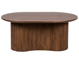 Table basse moderne en bois de manguier massif avec plateau ovale, base à motifs sculptés Linn et finition marron, style décoration intérieure - Product Image 3