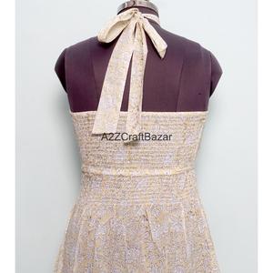 Robe longue vintage en pur coton pour femme, col halter, manches tombantes, silhouette trapèze, imprimé artisanal, robe de soirée décontractée et ample - Product Image 6