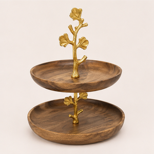 Luxury 2 Tier Acacia Wood Cake <b>Stand</b> with Gold <b>Tree</b> Branch Handle Modern Tiered Dessert Display <b>Stand</b> for Weddings Parties - Product Image 6