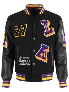 Custom Men's Black With <b>Purple</b> Gold Embroidery Lettering And Patch Designs Leather Sleeve High Street <b>Varsity</b> Baseball <b>Jacket</b> - Product Image 2