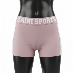 Shorts de mujer tipo booty, premium, de poliéster y spandex, suaves y elásticos, color rosa, con paneles laterales de malla, logotipo personalizado. - Product Image 6