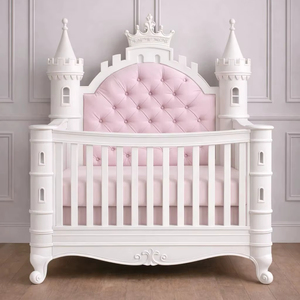 Cuna de Lujo Estilo Castillo de Princesa con Cabecera Acolchada – Muebles de Madera Sólida para Cuarto de Bebé Niña - Product Image 1