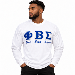 Phi Beta Sigma <b>Long</b> <b>Sleeve</b> <b>T</b> <b>Shirt</b> <b>White</b> Crew Neck Greek Letter Graphic Tee Casual Collegiate Fraternity Apparel Mens Cotton - Product Image 1