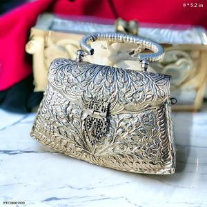 Elegant Metal Floral Embroidered Flap Evening <b>Bag</b> With Ring Handle Handmade For Party - Product Image 3