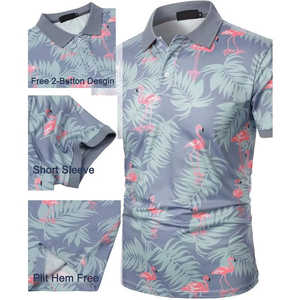 Polo pour homme à imprimé flamants roses et palmiers, style resort été 2026, manches courtes, coupe ajustée, gris et rose, vêtements de vacances - Product Image 4