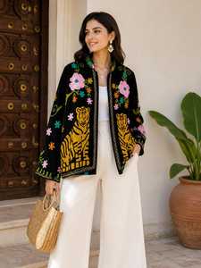 Luxurious Feel Tiger Embroidered <b>Velvet</b> Jacket Black Floral Boho <b>Coat</b> Artisan Suzani Everyday Bohemian Looks Statement Outerwear - Product Image 1
