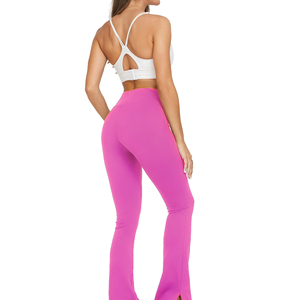 Women's High <b>Waist</b> Flare Pants Solid Pink <b>Elastic</b> Waistband Sporty Full Length <b>Trousers</b> - Product Image 5
