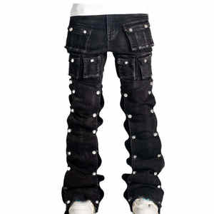 Jeans amples multi-poches de style urbain, personnalisés, écologiques, à boutons, effet vieilli, à jambe large pour hommes - Product Image 4