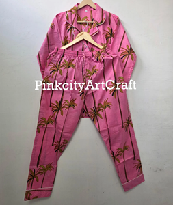 Vibrant Pink Flock Print Palm Tree Pure Cotton Summer Night Suit for Women Elegant Two-Piece Collared Pajama Set - Product Image 4
