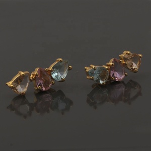 Pear Shape Blue Topaz pink <b>Quartz</b> & Morganite Gemstone Stud <b>Earring</b> Handmade Prong Set Push Back <b>Earring</b> Pair Statement Jewelry - Product Image 2