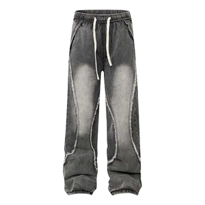 Pantalon de survêtement large gris délavé en denim pour homme, taille élastique avec cordon de serrage, style décontracté, déchiré et vieilli, en coton et fibre de bambou - Product Image 1
