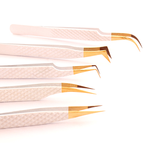 Pince à épiler professionnelle en acier inoxydable pour extensions de cils, avec grip diamanté, pointe blanche, manche doré, outil de greffage fait main - Product Image 2