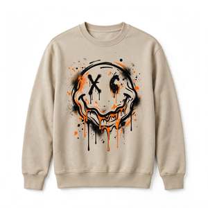 Sweat-shirt unisexe personnalisé en molleton épais, style streetwear, imprimé graphique graffiti visage souriant, coupe oversize, col rond, beige - Product Image 1