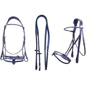 Juego de Brida para Caballo de Cuero Azul Marino Duradero de Primera Calidad FAB International, Riendas, Equipo Ecuestre Inglés para Entrenamiento - Product Image 1