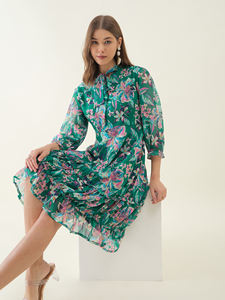 Vintage Style Green and Pink Floral Printed Fit & Flare Women <b>Dress</b> <b>for</b> Party Wear <b>Wedding</b> Event Retro Fashion Usage - Product Image 5