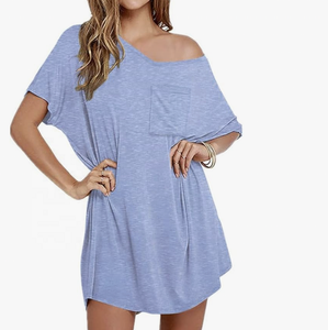 เดรสยาวเสื้อยืดผู้หญิง, เดรสเสื้อยืดลำลองน้ำหนักเบาคอวีใส่นอน - Product Image 2