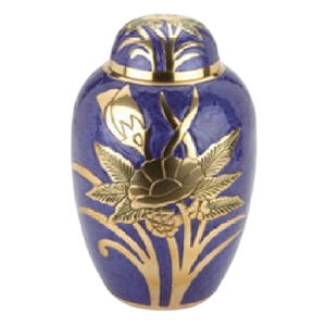 Urnes funéraires en aluminium pour adultes, forme dôme, avec gravure florale, finition polie et bleue, pour cendres humaines. - Product Image 1
