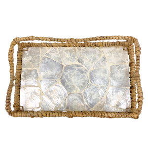 Bandeja rectangular de MDF hecha a mano con elegante incrustación de Capiz blanca y asas de jacinto de agua Bandeja decorativa de fibra natural para servir - Product Image 3