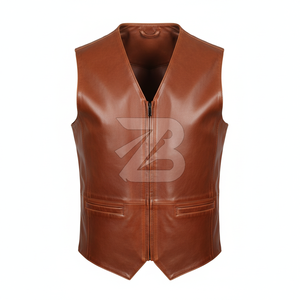 Chaleco de Cuero Genuino para Hombre al por Mayor, Cuello en V, Cierre Frontal con Cremallera, Estilo Biker Minimalista, Marca Privada OEM - Product Image 1