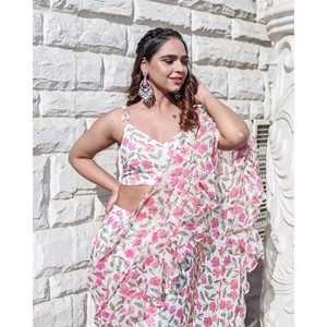 Sari en mousseline de georgette rose floral, doux, durable, toutes saisons, élégant, imprimé, à volants, style Bollywood, séchage rapide - Product Image 3