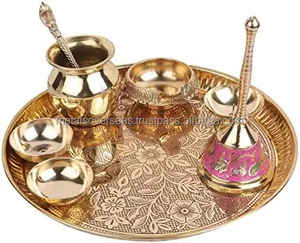 Ensemble de 8 assiettes artisanales en laiton Pital Puja Thali Aarti Bartan pour Mandir Pooja Room Home Temple 9 Inch Round Golden - Product Image 3
