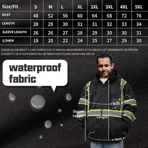 Hooded High Visibility Work <b>Jacket</b> Men's Reflective Striped <b>Zipper</b> Bomber Winter Safety Coat <b>with</b> <b>Pockets</b> - Product Image 2