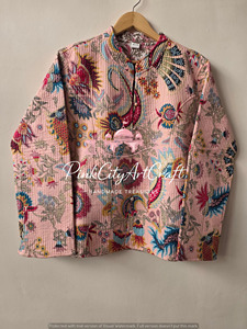 Indian Handmade Pink Cotton Quilted <b>Jacket</b> Kantha Stitch Winter Coat Floral Print Boho Short Cardigan Vintage Reversible <b>Blazer</b> - Product Image 5