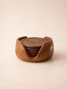 Acacia Wooden Classic Eco-Friendly Round Coaster for Coffee Tea Cup Tableware and <b>Desktop</b> Use - Product Image 2