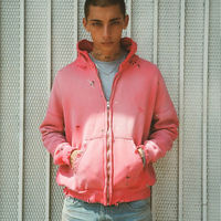 Sudadera con capucha de invierno para hombre, personalizada con pedrería y cremallera, bordado desgastado, estilo oversize, lavado ácido, streetwear, 100% algodón, forro de punto