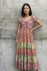 Vestido Largo Maxi Bohemio con Estampado a Mano, 100% Algodón Transpirable, Manga Corta, Vestido de Verano, Colores Mezclados, Ropa Artesanal India para Mujer - Product Image 6